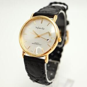 Vintage Infinity Gold Tone Gold 36mm Watch Club Ball Black Leather w New Battery